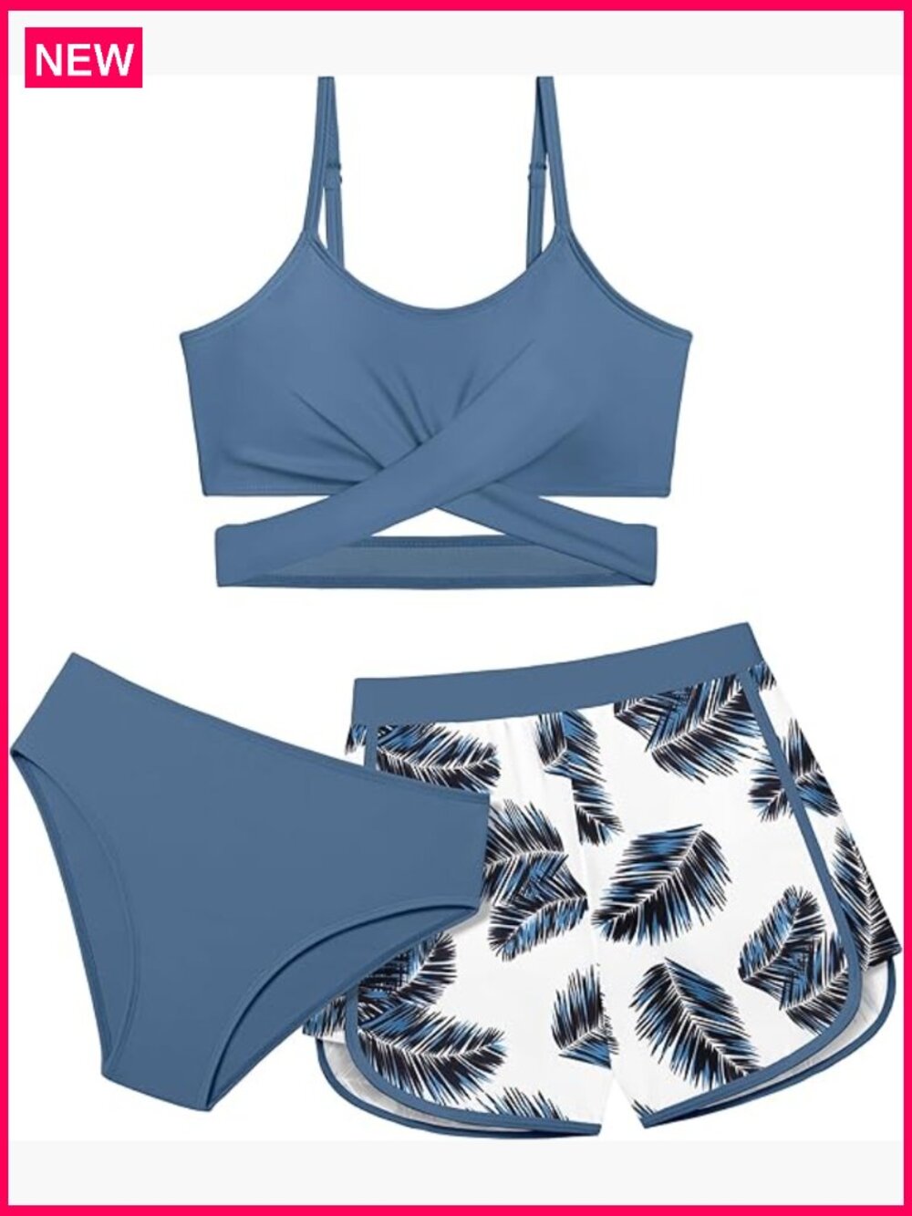 Girls 3 Piece Bikini Swimsuit with Shorts Criss Cross Bathing Suit 7-16